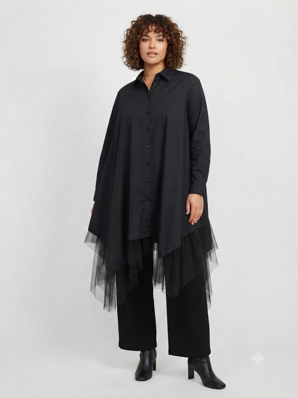 NWT Kate Hewko Avant-Garde Black Tulle Trim Button-Up Shirt - One Size